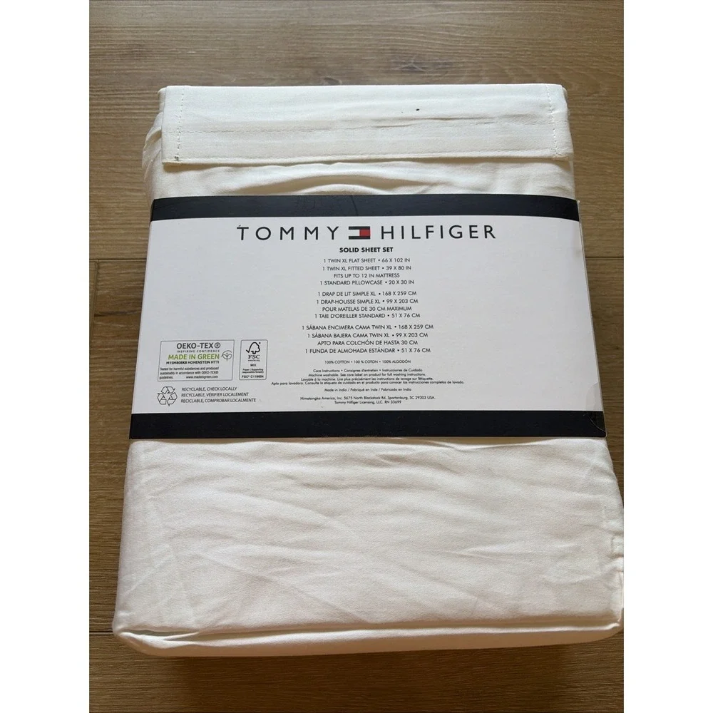 TOMMY HILFIGER Twin XL Size Sheet Set White NEW 100% Cotton 12 In Depth